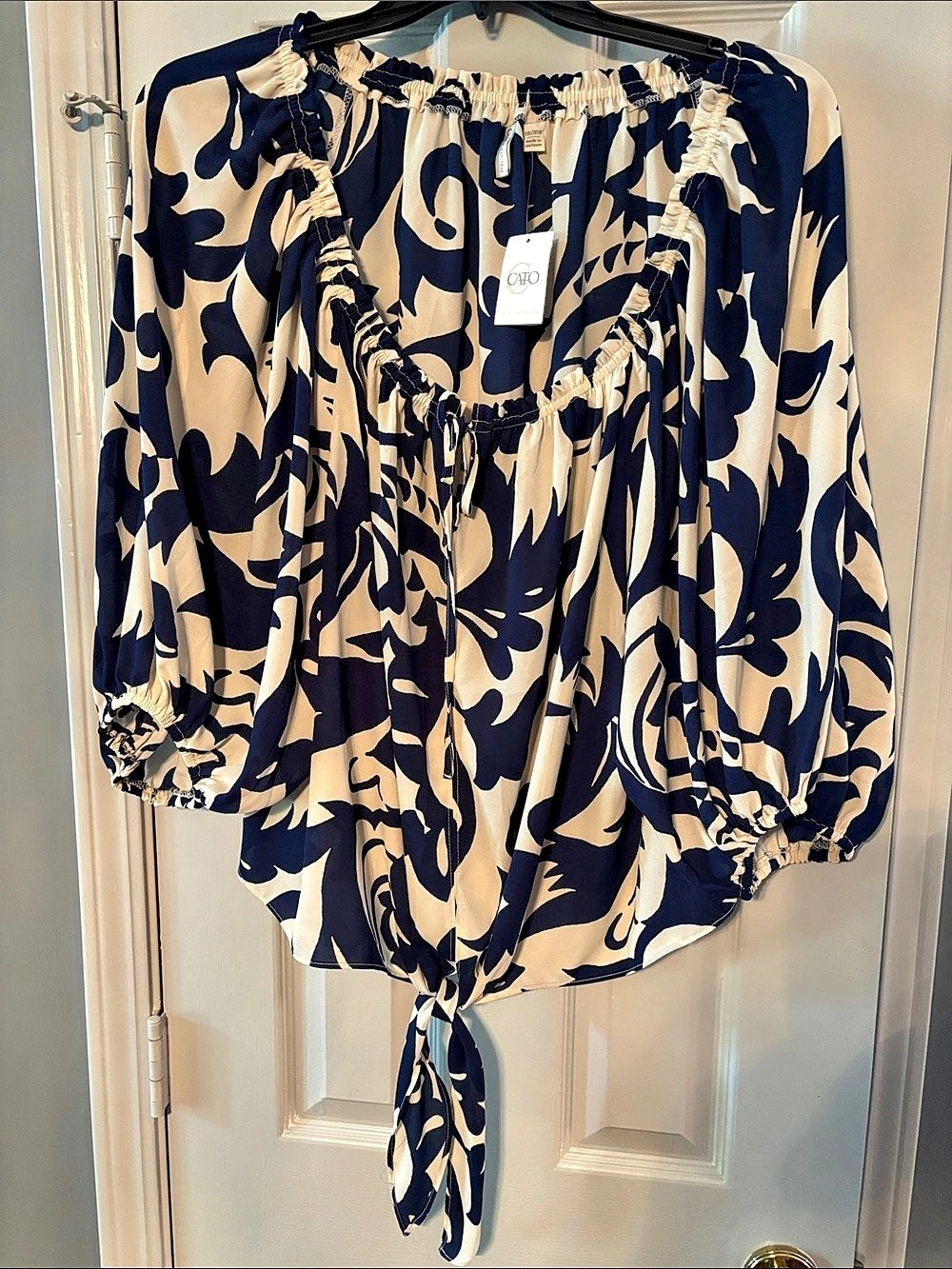 Cato Navy & Cream Blouse with Front Tie NWT